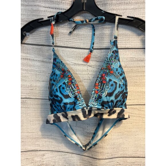 La Moda Blue Animal Print Beaded Triangle Bikini TOP ONLY Size L - Picture 1 of 4